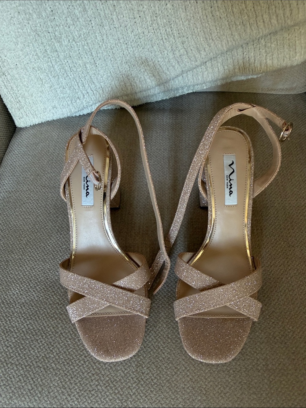 Vince Camuto Rose Gold Glitter Strappy Block Heel Sandals